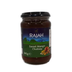 Chutney de mango dulce de la marca Rajah. El tarro tiene un peso de 340 gramos