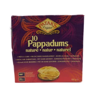 Imagen de una bolsa de Pappadums Patak's de 10 unidades. Los pappadums son crujientes y delgados aperitivos indios hechos de harina de lentejas.