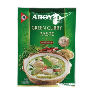 Pasta de curry verde Aroy-D 400g La pasta de curry verde Aroy-D es una salsa tradicional tailandesa elaborada con chiles verdes, chalotes, hierba de limón, sal, ajo, galanga, piel de lima kaffir, comino en polvo y semilla de cilantro.
