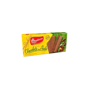 Un paquete de galletas wafer de chocolate con avellana de la marca Bauducco. El paquete contiene 140gr de galletas. Las galletas son finas y crujientes, con un sabor intenso a chocolate y avellanas.