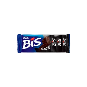 Un paquete de chocolate BIS Black de Lacta de 100 gramos. El paquete contiene dos barritas de chocolate negro de 50 gramos cada una. El chocolate es de color negro intenso con un sabor intenso y amargo.