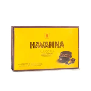Imagen de una caja de 6 alfajores de chocolate de la marca Havanna. Los alfajores son de forma redonda y están cubiertos de chocolate negro. El relleno es de dulce de leche.