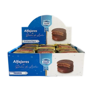 Caja de 24 alfajores Mardel bañados en chocolate negro, rellenos de dulce de leche. Ideal para compartir o disfrutar en cualquier momento.