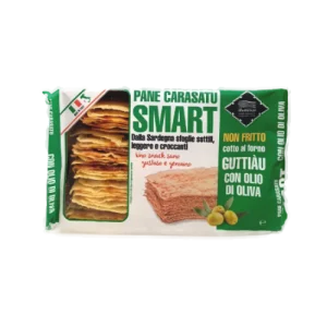 Pan Carasatu Smart 400g: Pan plano italiano tradicional, elaborado con sémola de trigo duro y aceite de oliva. Ideal para aperitivos y acompañamientos.